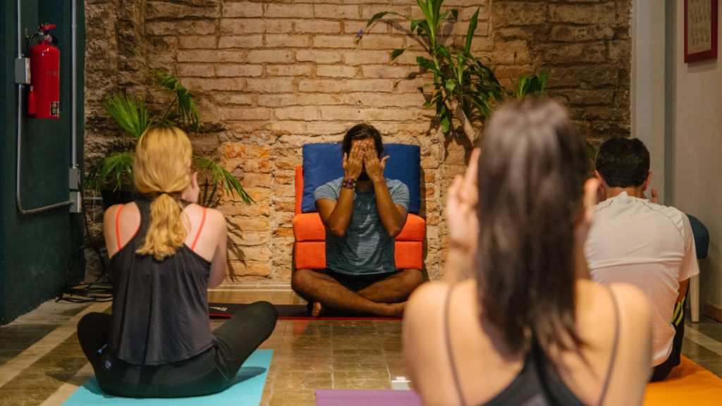 yoga at a coworking space.