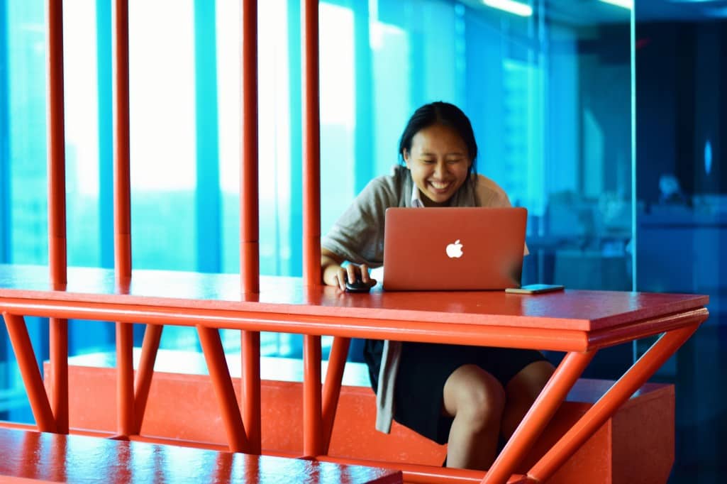 Office worker practicing safe social distancing.