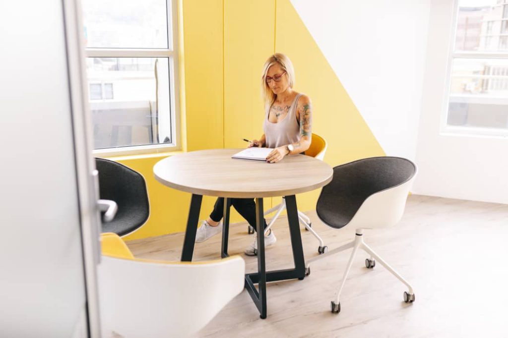 business, modern, office, businesswoman, tattoo, work, desk, notes, freelance, meeting room, yellow